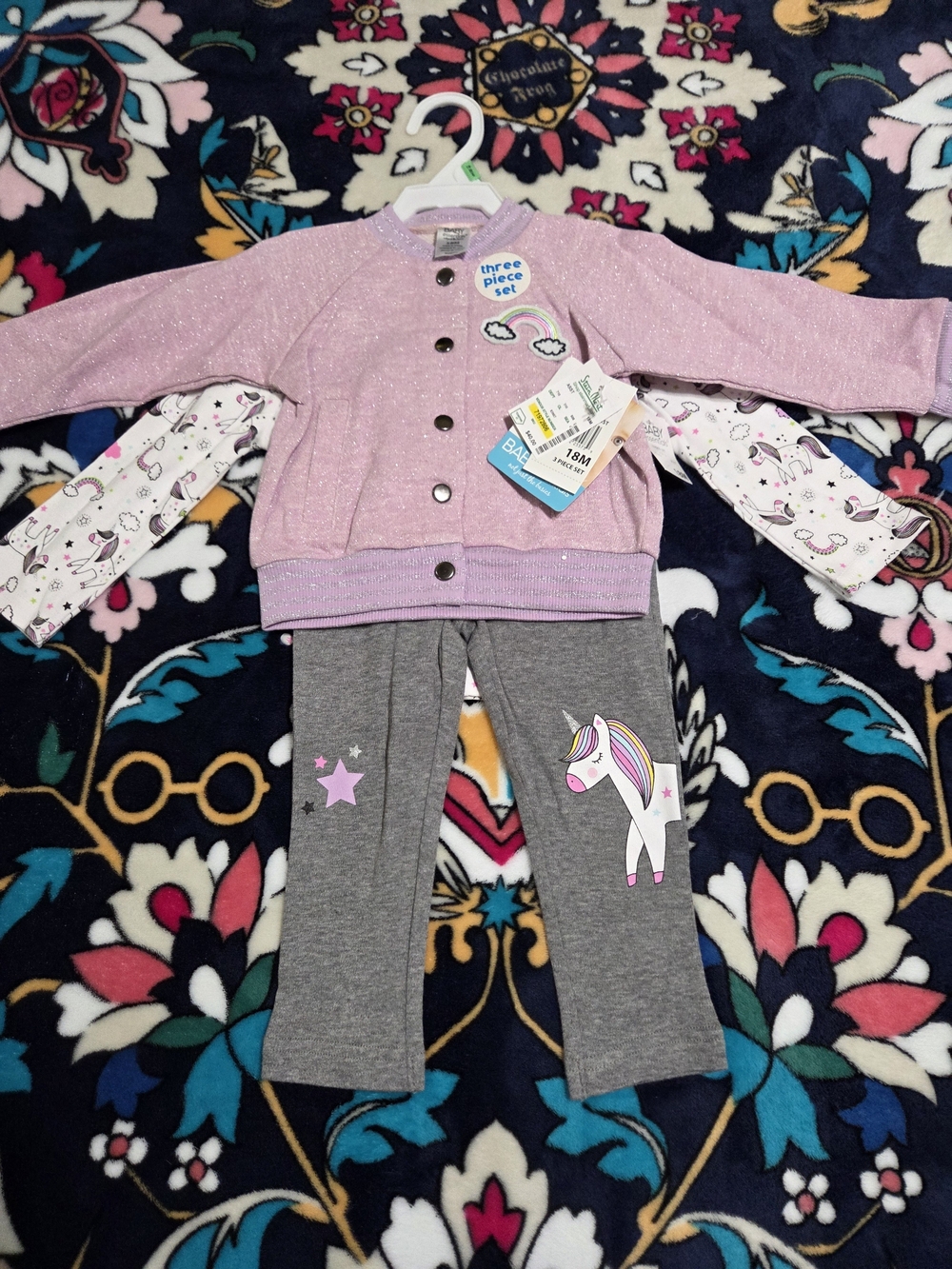 Baby Essentials Pink Glitter Jacket and Gray Unicorn Leggings 3 Piece Set